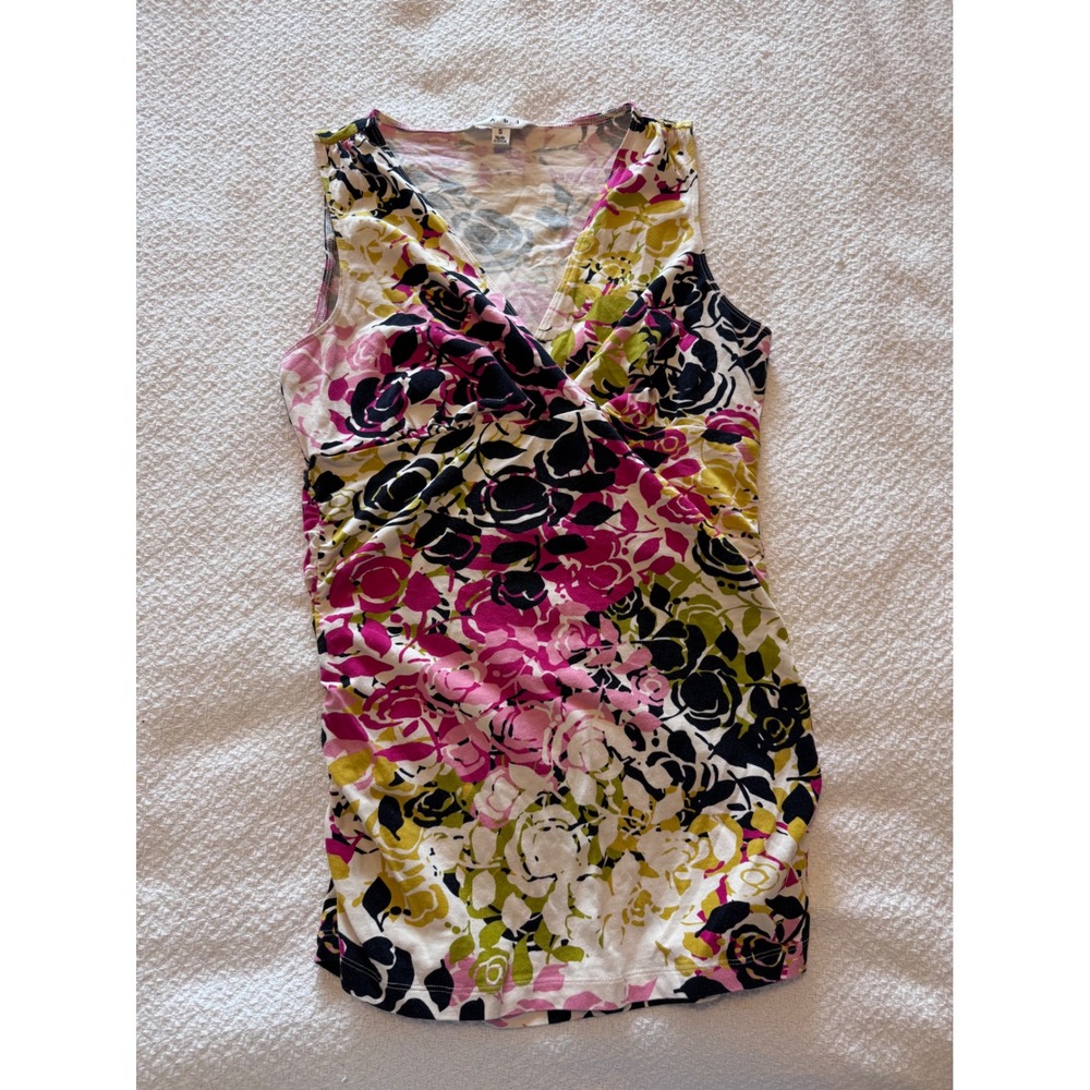 Cabi Womens Sleeveless Surplice Floral Print V-Neck Ruched Tank Top Small